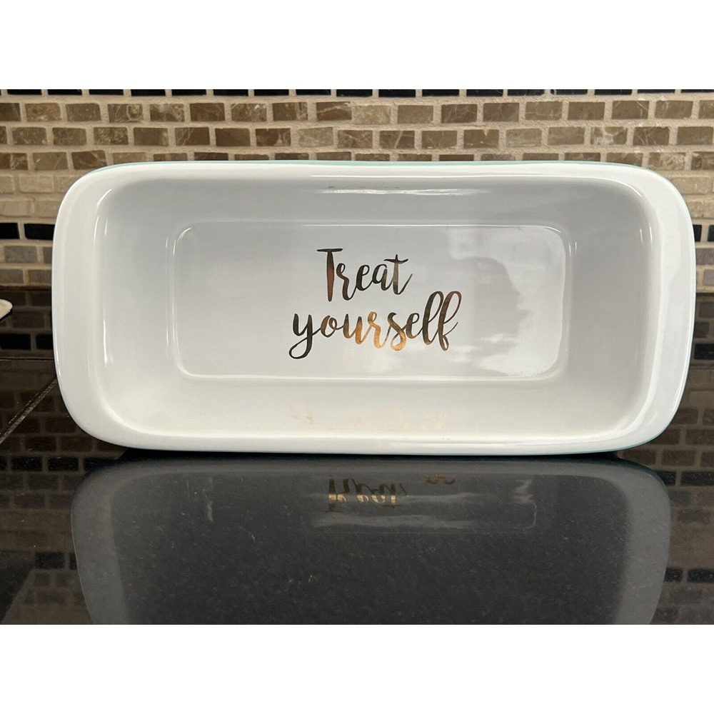 'Treat Yourself' Stoneware Loaf Pan Turquoise Bread Baking Dish Tia And Me - Picture 2 of 7